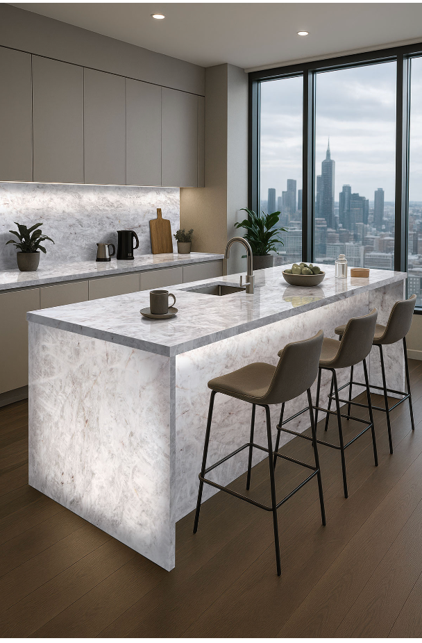 Modern kitchen with Taj Mahal Quartzite honed waterfall edge island - KJM Stones Texas