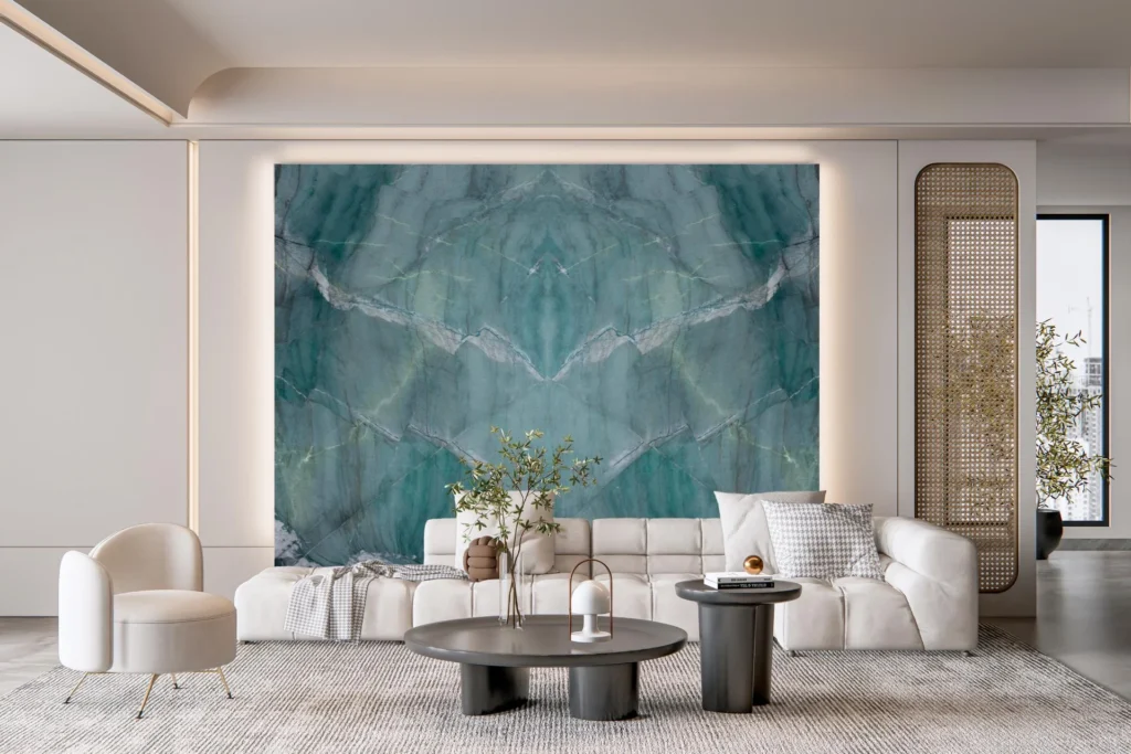 Living room with a striking blue and teal quartzite feature wall by KJM Stones