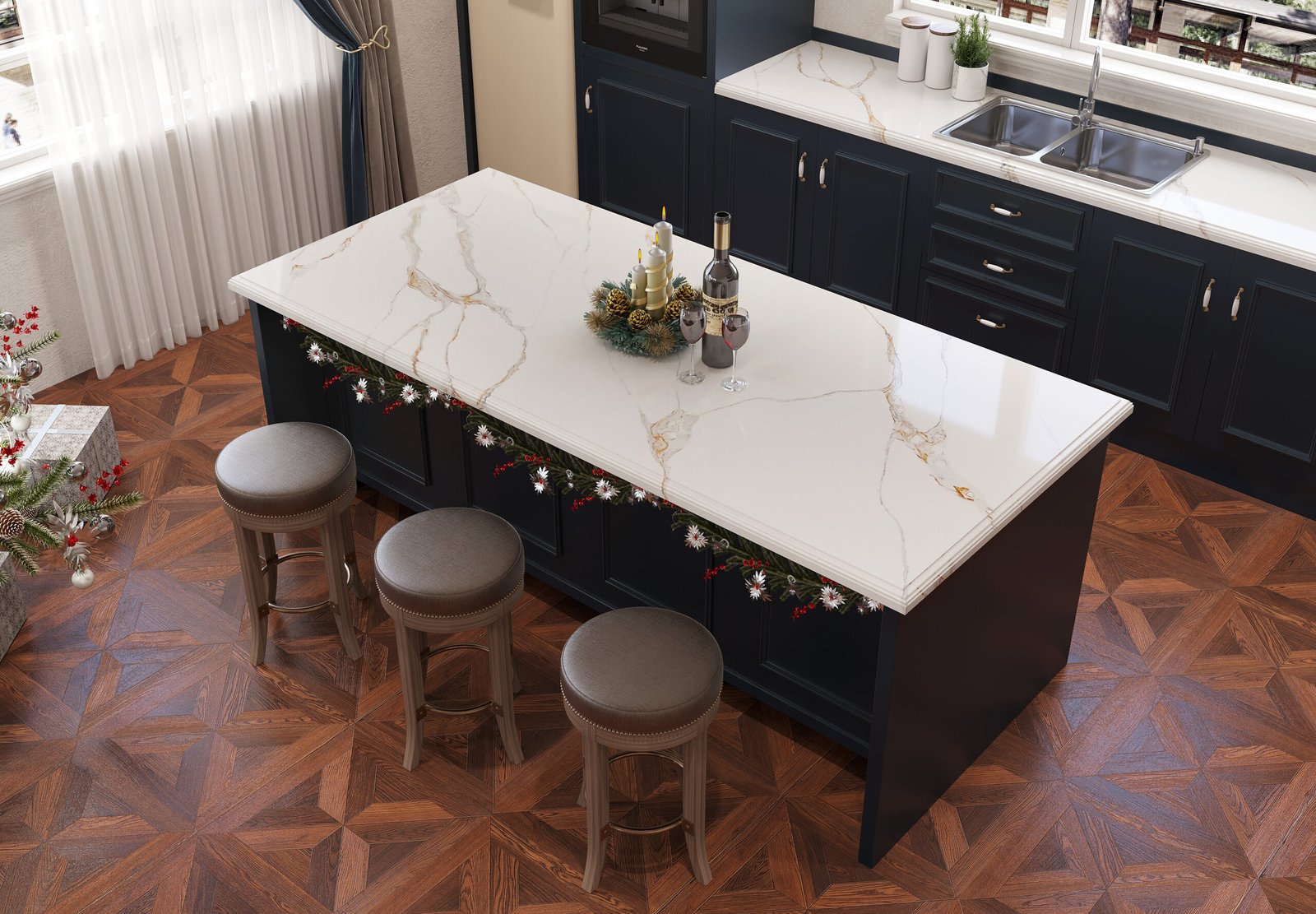 Bianco Solaris Quartz kitchen island and countertops in a modern kitchen