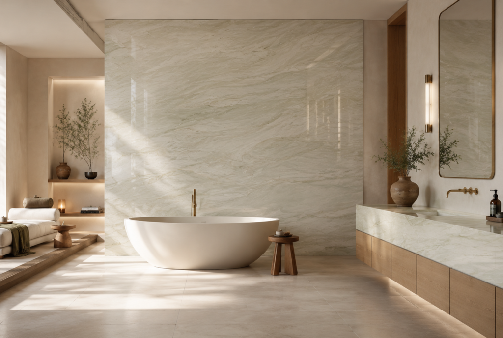 Fantasy Lux quartzite feature wall and matching stone vanity in a luxury spa bathroom by KJM Stones