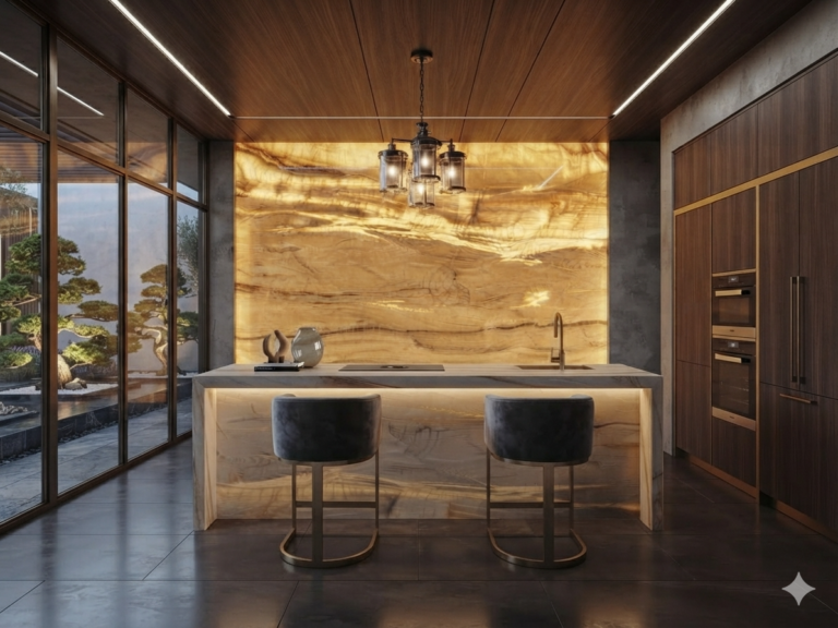 Modern kitchen with a backlit golden onyx quartzite island and feature wall by KJM Stones