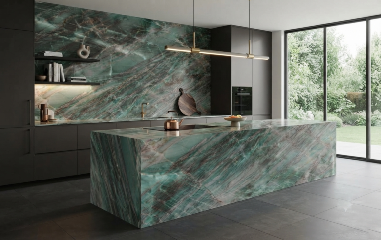 Amazon green quartzite kitchen backsplash and feature wall in a modern home