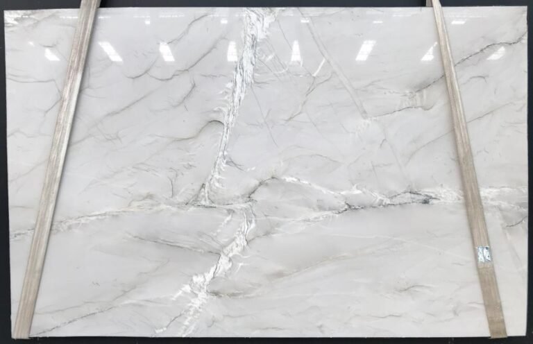 Full Le Blanc quartzite slab with white and gray veining at KJM Stones