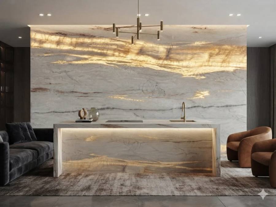 Maharajah quartzite backlit kitchen island