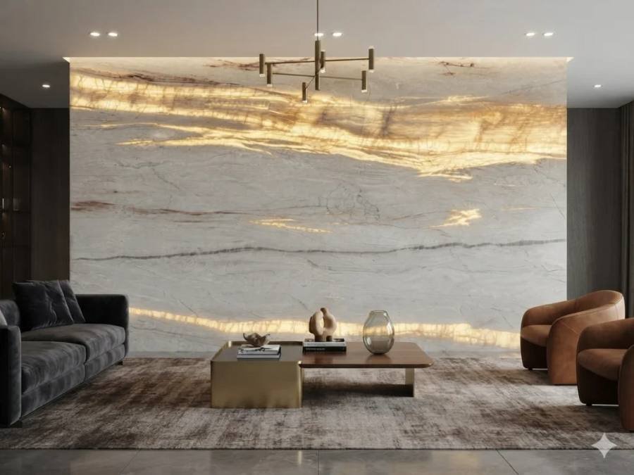 Maharajah quartzite backlit living room wall