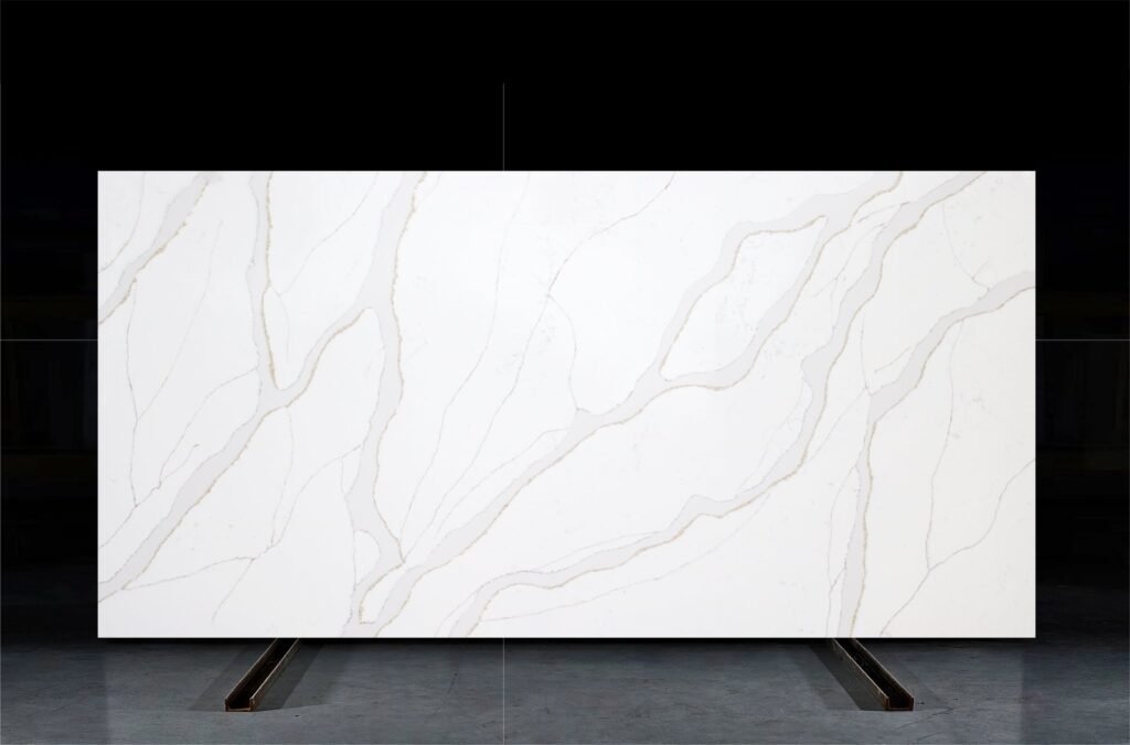 Calacatta Lumina quartz slab at KJM Stones, a surface where daily quartz care is just mild soap and water