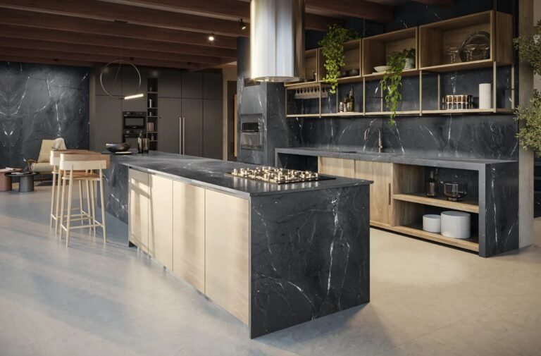 Kitchen island and backsplash in Diamond Black granite supplied by KJM Stones