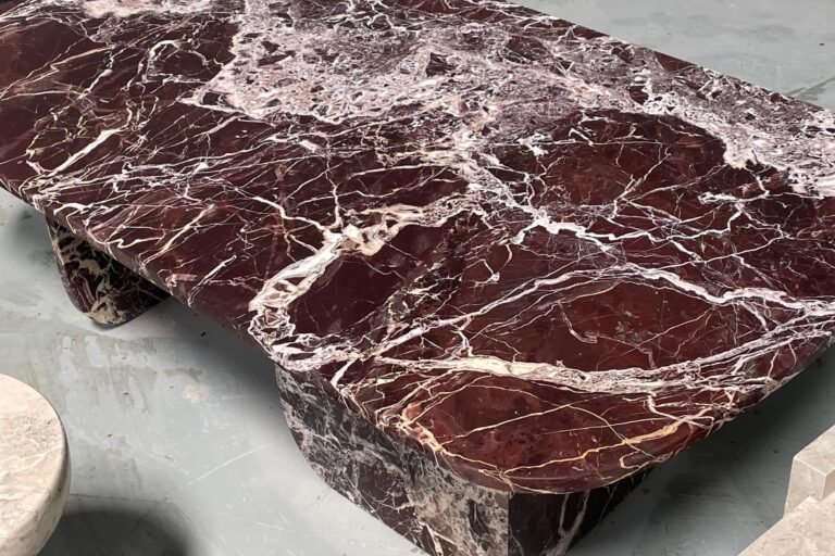 Handcrafted Rosso burgundy marble coffee table with white veining — KJM Stones, Buda TX